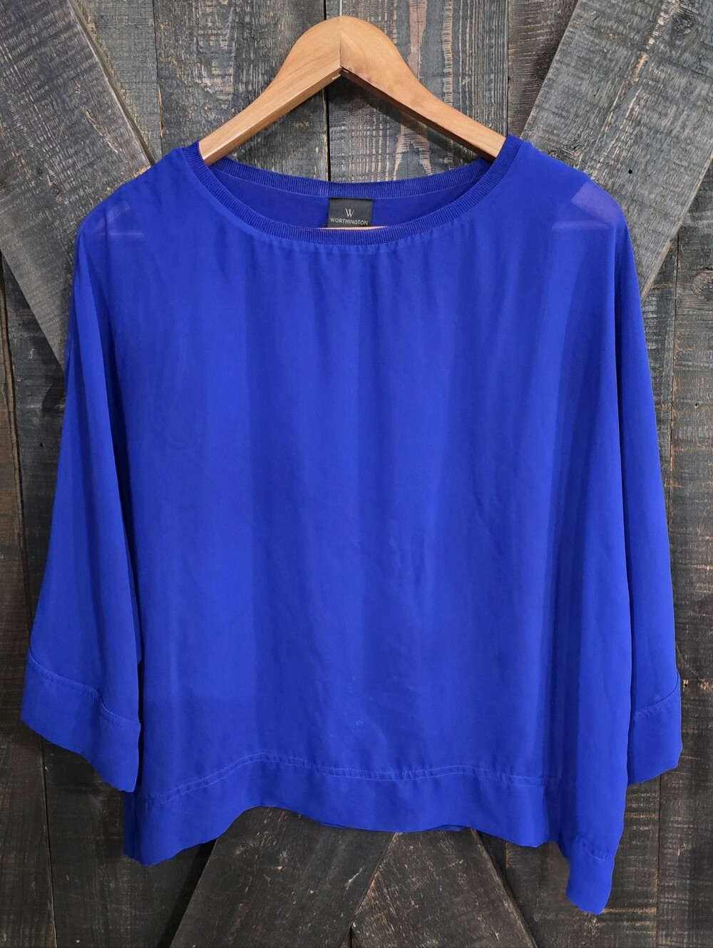 Worthington Women's Royal Blue Sheer Layered Boatneck Blouse Small